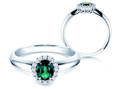 Verlovingsring Windsor in platina 950/- met smaragd 0,60ct en diamanten 0,12ct
