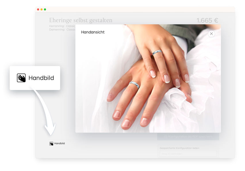 Trouwringen-Configurator met voorbeeldfoto met handen