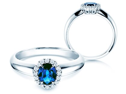 Verlovingsring Windsor in 14K witgoud met saffier 0,60ct en diamanten 0,12ct