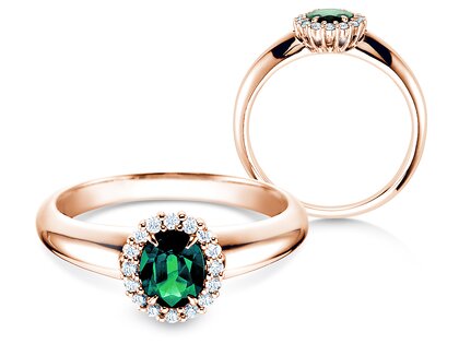 Verlovingsring Windsor in 18K roségoud met smaragd 0,60ct en diamanten 0,12ct
