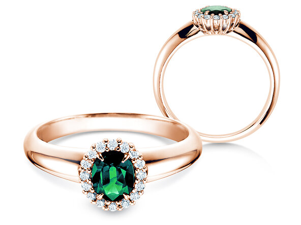 Verlovingsring Windsor in 18K roségoud met smaragd 0,60ct en diamanten 0,12ct
