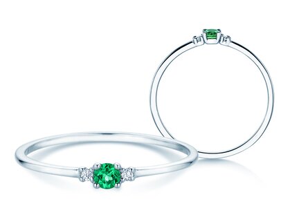Geboortesteen ring Vivid Petite mei in 9K witgoud met smaragd 0,08ct en diamanten 0,02ct