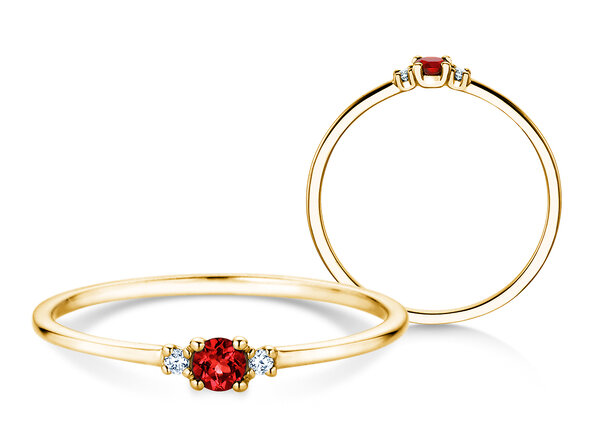 Geboortesteen ring Vivid Petite juli in 9K geelgoud met robijn 0,11ct en diamanten 0,02ct