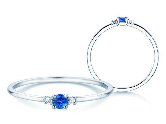 Geboortesteen ring Vivid Petite september in 9K witgoud met saffier 0,10ct en diamanten 0,02ct