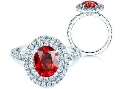 Verlovingsring Double Halo in platina 950/- met robijn 0,60ct en diamanten 0,35ct