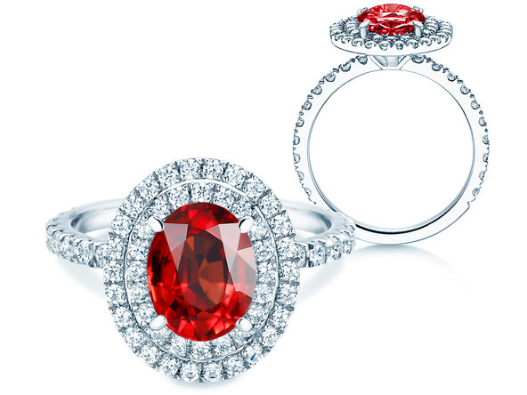 Verlovingsring Double Halo in 9K witgoud met robijn 2,50ct en diamanten 0,80ct