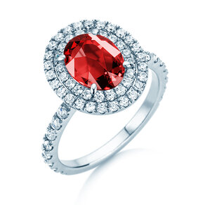 Verlovingsring Double Halo in 9K witgoud met robijn 2,50ct en diamanten 0,80ct