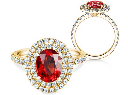 Verlovingsring Double Halo in 14K geelgoud met robijn 0,60ct en diamanten 0,35ct