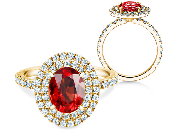 Verlovingsring Double Halo in 9K geelgoud met robijn 2,50ct en diamanten 0,80ct