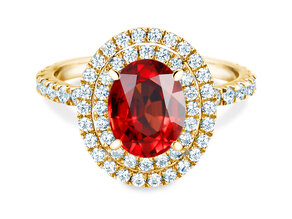 Verlovingsring Double Halo in 9K geelgoud met robijn 2,50ct en diamanten 0,80ct