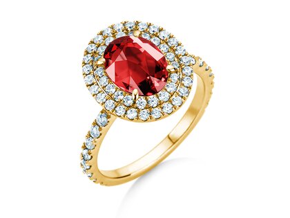 Verlovingsring Double Halo in 9K geelgoud met robijn 2,50ct en diamanten 0,80ct