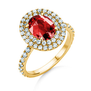 Verlovingsring Double Halo in 9K geelgoud met robijn 2,50ct en diamanten 0,80ct