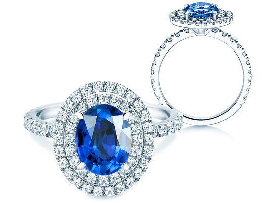 Verlovingsring Double Halo in 9K witgoud met saffier 0,60ct en diamanten 0,35ct