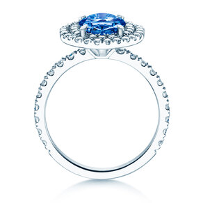 Verlovingsring Double Halo in 14K witgoud met saffier 1,00ct en diamanten 0,58ct