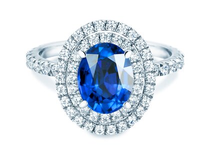 Verlovingsring Double Halo in 14K witgoud met saffier 1,00ct en diamanten 0,58ct