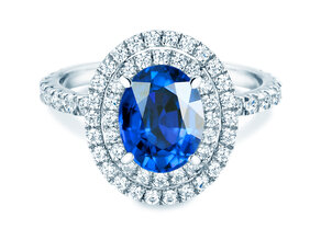 Verlovingsring Double Halo in 14K witgoud met saffier 1,00ct en diamanten 0,58ct