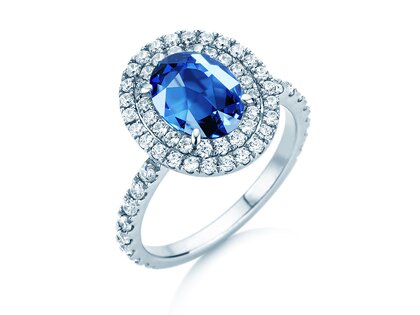 Verlovingsring Double Halo in 14K witgoud met saffier 1,00ct en diamanten 0,58ct
