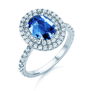 Verlovingsring Double Halo in 14K witgoud met saffier 1,00ct en diamanten 0,58ct
