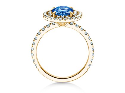 Verlovingsring Double Halo in 14K geelgoud met saffier 1,00ct en diamanten 0,58ct