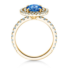 Verlovingsring Double Halo in 14K geelgoud met saffier 1,00ct en diamanten 0,58ct