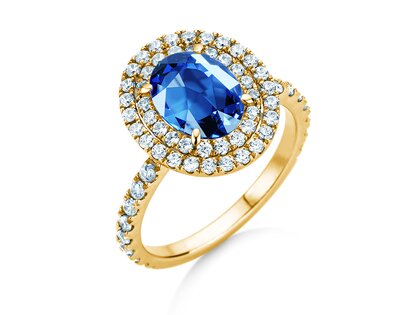 Verlovingsring Double Halo in 14K geelgoud met saffier 1,00ct en diamanten 0,58ct