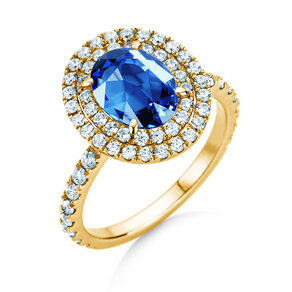 Verlovingsring Double Halo in 14K geelgoud met saffier 1,00ct en diamanten 0,58ct