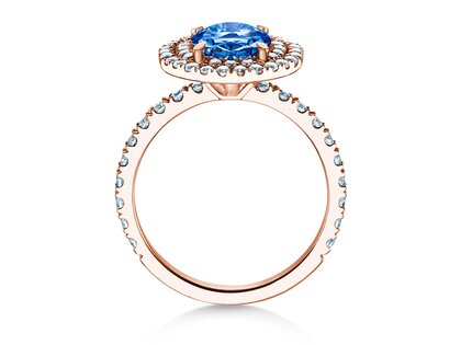 Verlovingsring Double Halo in 14K roségoud met saffier 1,00ct en diamanten 0,58ct