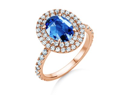 Verlovingsring Double Halo in 14K roségoud met saffier 1,00ct en diamanten 0,58ct