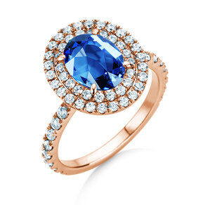 Verlovingsring Double Halo in 14K roségoud met saffier 1,00ct en diamanten 0,58ct