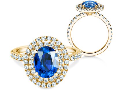 Verlovingsring Double Halo in 14K geelgoud met saffier 0,60ct en diamanten 0,44ct