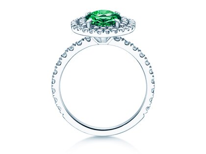 Verlovingsring Double Halo in 9K witgoud met smaragd 0,60ct en diamanten 0,35ct