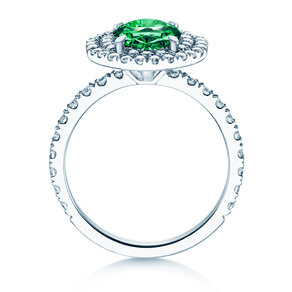 Verlovingsring Double Halo in 9K witgoud met smaragd 0,60ct en diamanten 0,35ct