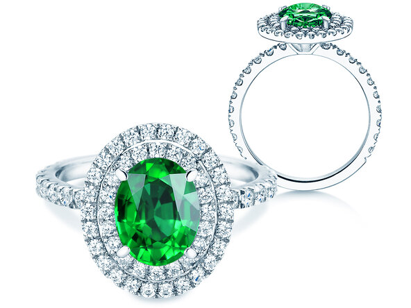 Verlovingsring Double Halo in 9K witgoud met smaragd 0,60ct en diamanten 0,35ct