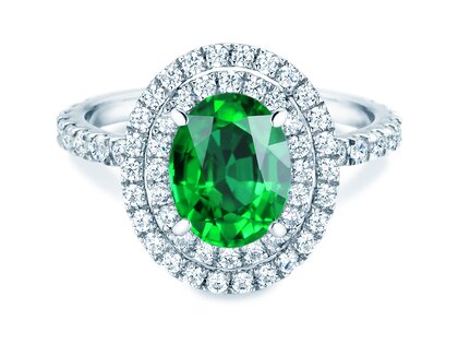 Verlovingsring Double Halo in 9K witgoud met smaragd 0,60ct en diamanten 0,35ct