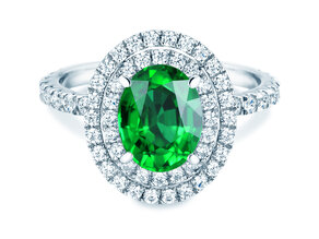 Verlovingsring Double Halo in 9K witgoud met smaragd 0,60ct en diamanten 0,35ct
