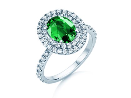 Verlovingsring Double Halo in 9K witgoud met smaragd 0,60ct en diamanten 0,35ct
