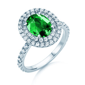 Verlovingsring Double Halo in 9K witgoud met smaragd 0,60ct en diamanten 0,35ct