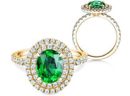 Verlovingsring Double Halo in 14K geelgoud met smaragd 0,60ct en diamanten 0,35ct