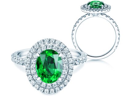 Verlovingsring Double Halo in platina 950/- met smaragd 0,60ct en diamanten 0,44ct