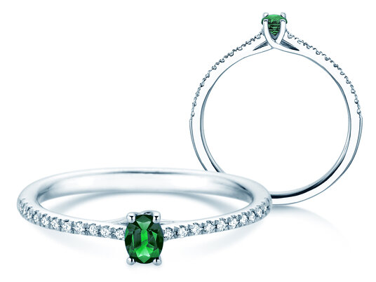 Geboortesteen ring Glow Pavé mei in 9K witgoud met smaragd 0,25ct en diamanten 0,09ct