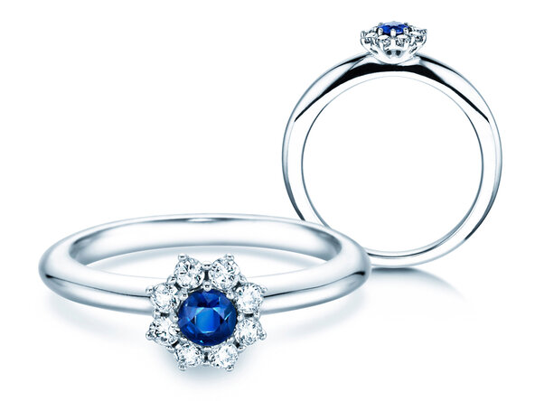 Verlovingsring Lovely in 14K witgoud met saffier 0,25ct en diamanten 0,25ct