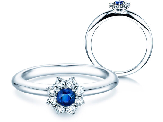 Verlovingsring Lovely in 9K witgoud met saffier 0,10ct en diamanten 0,15ct