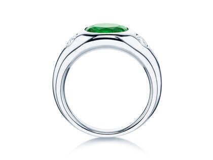 Ring Three-Stone Signet in 9K witgoud met smaragd 1,35ct en natuurlijke diamanten 0,30ct