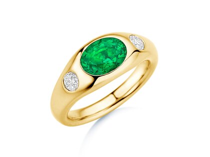 Ring Three-Stone Signet in 14K geelgoud met smaragd 1,35ct en natuurlijke diamanten 0,30ct
