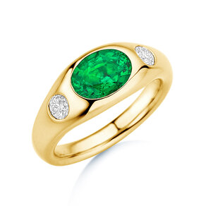 Ring Three-Stone Signet in 14K geelgoud met smaragd 1,35ct en natuurlijke diamanten 0,30ct