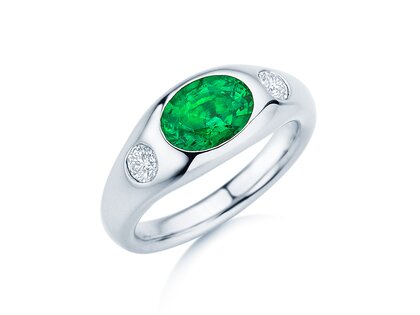 Ring Three-Stone Signet in 9K witgoud met smaragd 1,35ct en natuurlijke diamanten 0,30ct