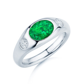 Ring Three-Stone Signet in 9K witgoud met smaragd 1,35ct en natuurlijke diamanten 0,30ct