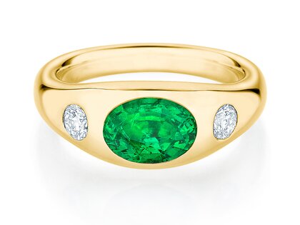 Ring Three-Stone Signet in 14K geelgoud met smaragd 1,35ct en natuurlijke diamanten 0,30ct