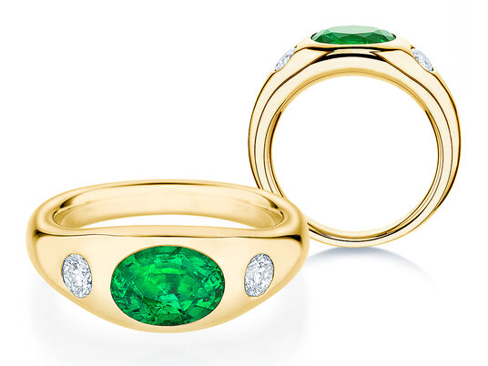 Ring Three-Stone Signet in 14K geelgoud met smaragd 1,35ct en natuurlijke diamanten 0,30ct