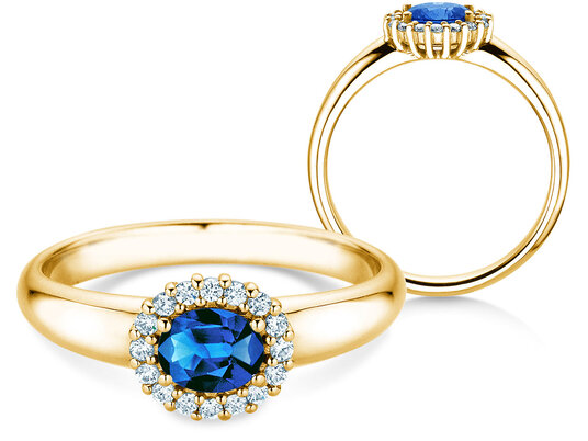 Verlovingsring Windsor Cross in 14K geelgoud met saffier 0,60ct en diamanten 0,12ct